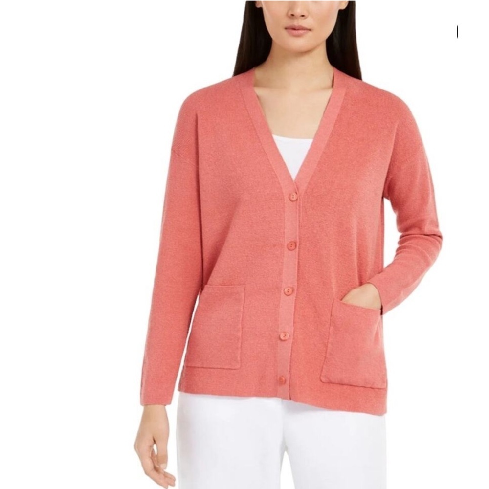 Eileen Fisher Linen Boyfriend Button Front Cardigan Medium